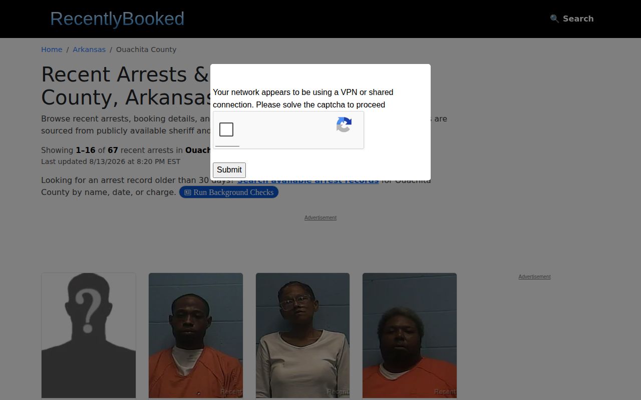 Unofficial Ouachita County mugshot site landing for verification