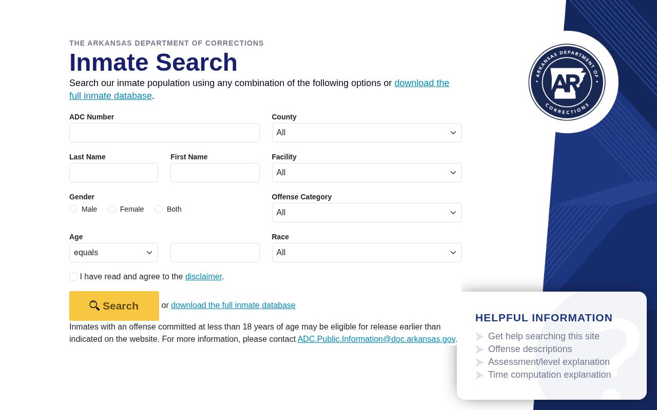 Arkansas ADC offender photo search for Ouachita County records