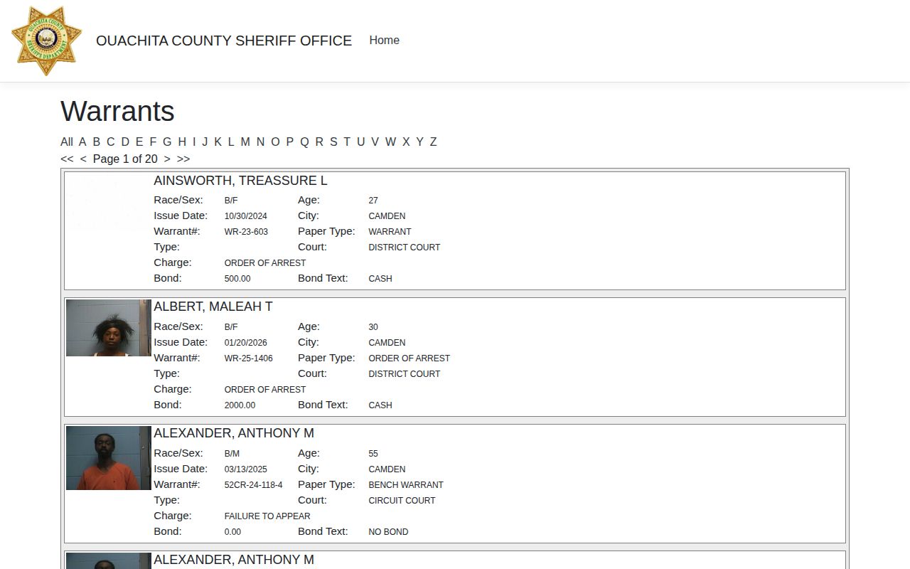 Official Ouachita County most wanted warrant portal